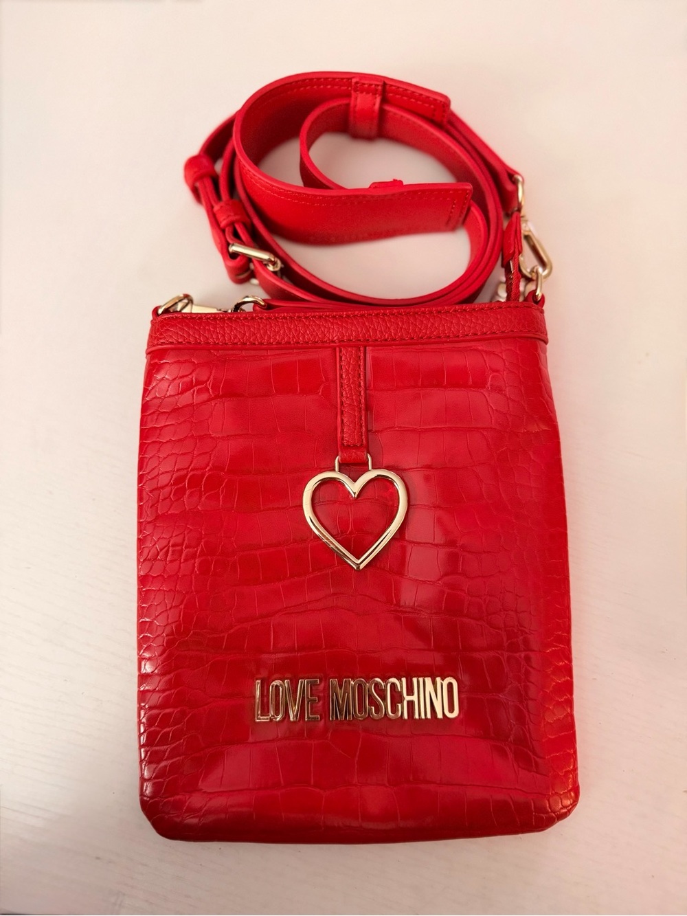 Love Moschino Red Croc-Embossed Heart Mini Crossbody with Dust bag